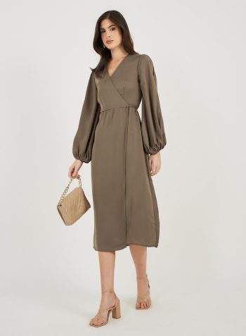 Styli Wrap Front Balloon Sleeves Midi Dress 2