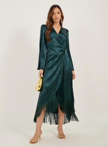 Styli Satin Tassel Detail Long Sleeves Wrap Maxi Dress 2