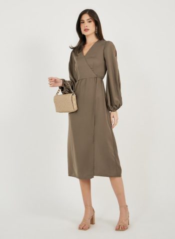 Styli Wrap Front Balloon Sleeves Midi Dress 1