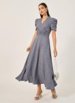 Styli Textured Ruched Sleeves A-Line Midi Dress 1
