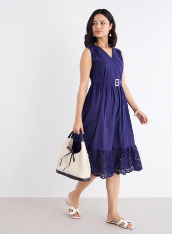 Styli Navy Blue Schiffli Hem Midi Dress 1