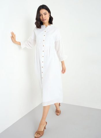 Styli White Buttoned Midi Dress with 3/4 Sleeves 1