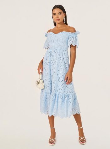 Styli Schiffli Off Shoulder Neck A-Line Midi Dress 2