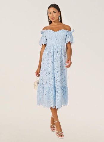 Styli Schiffli Off Shoulder Neck A-Line Midi Dress 1