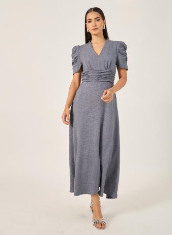 Styli Textured Ruched Sleeves A-Line Midi Dress 2